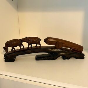 Antique solid wood carving of Oxen drawn haul